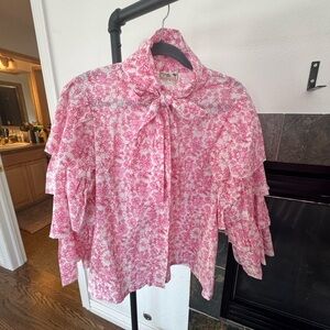 Elegant Pink Floral Blouse with Ruffled Sleeves